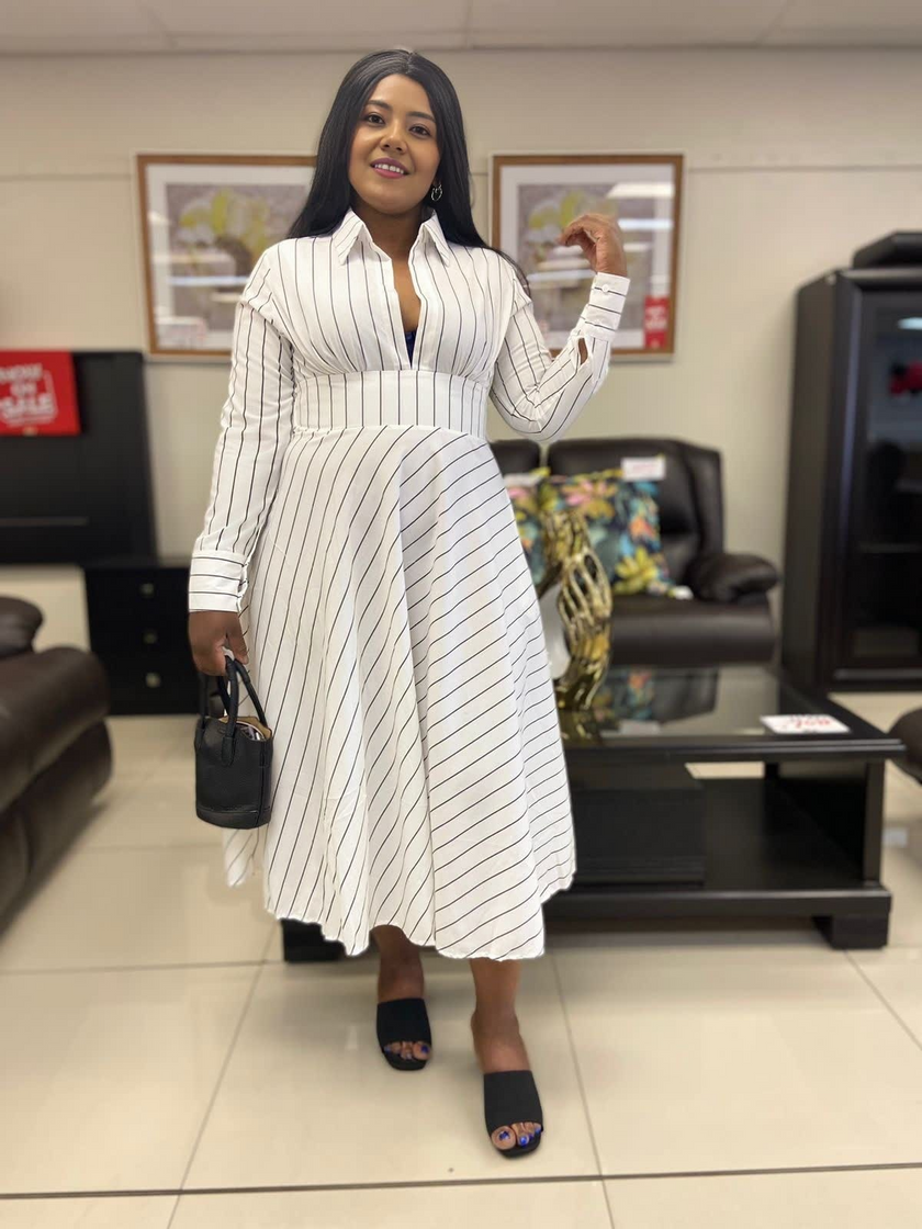 Striped Long Sleeve A-Line Dress, Turn-Down Collar, Front Opening, High Waistline