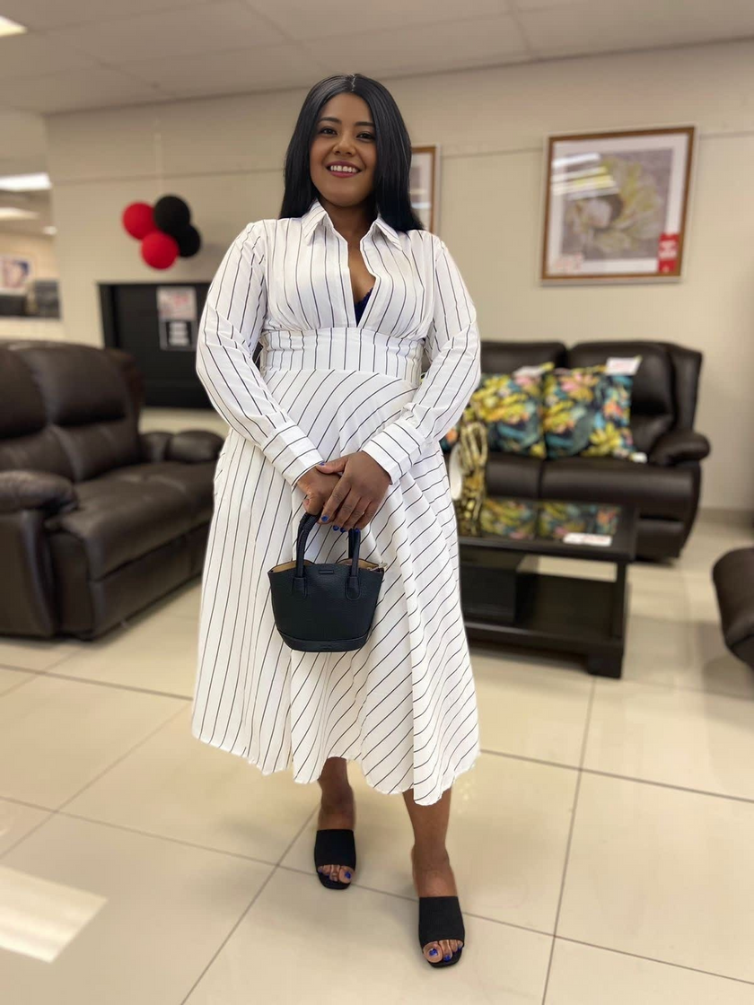 Striped Long Sleeve A-Line Dress, Turn-Down Collar, Front Opening, High Waistline