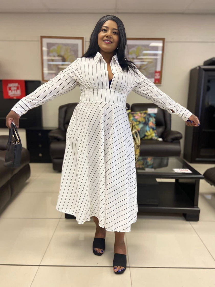 Striped Long Sleeve A-Line Dress, Turn-Down Collar, Front Opening, High Waistline