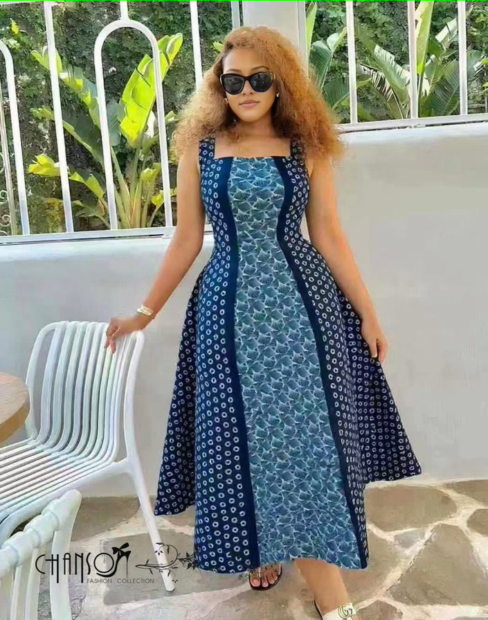 Blue geometric A-line maxi dress with square neckline and sleeveless bodice