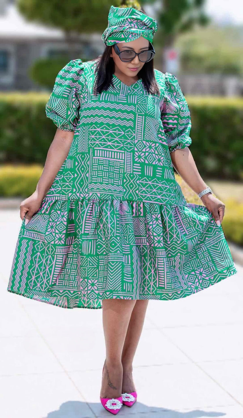 Geometric Pattern Puff Sleeve Flared Dress