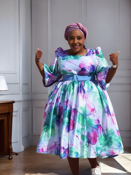 Plus size floral midi dress, multicolor print and ruffle hem, puff sleeves