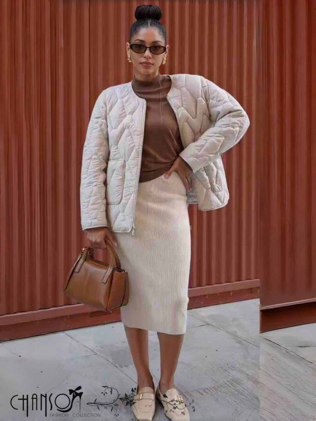 Cream quilted collarless jacket with front zipper and diamond stitch quilting
