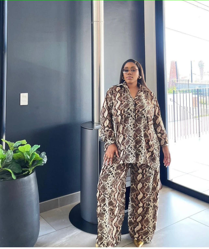 Printed snake-look twin set: long-sleeve collared top and wide-leg trousers