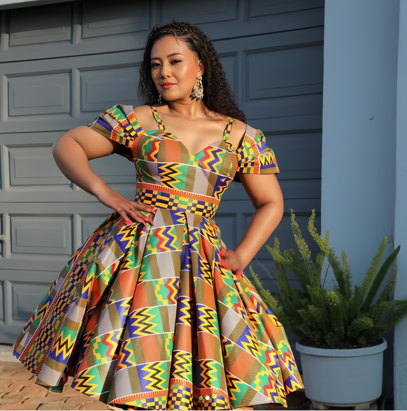 Traditional Vibrant Pattern Knee-Length Dress