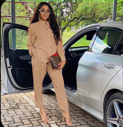 Geometric print long-sleeve set with matching pants, brown and cream.