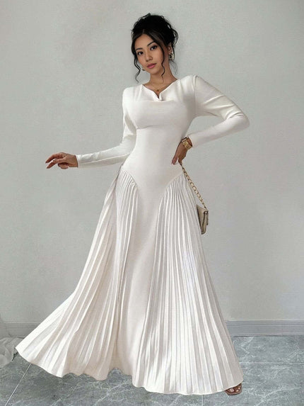 Pleated maxi dress with stretch waist, long sleeves, white