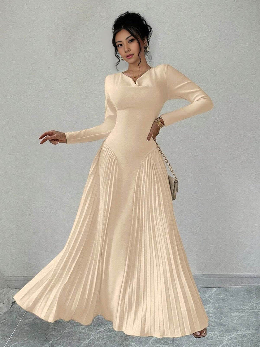 Long Sleeve V-Neck Dress with Pleated Elegant Design