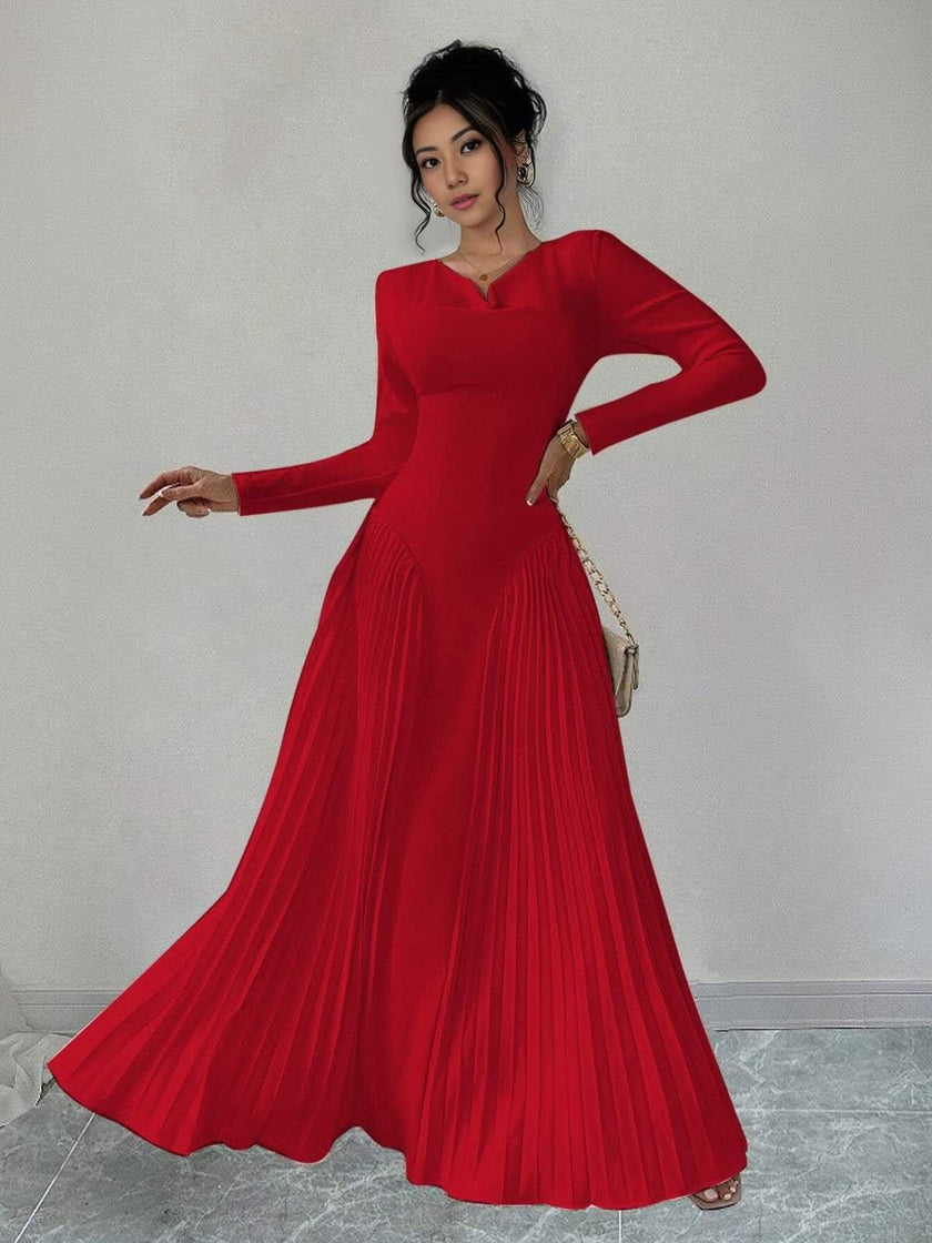 Long Sleeve V-Neck Dress with Pleated Elegant Design