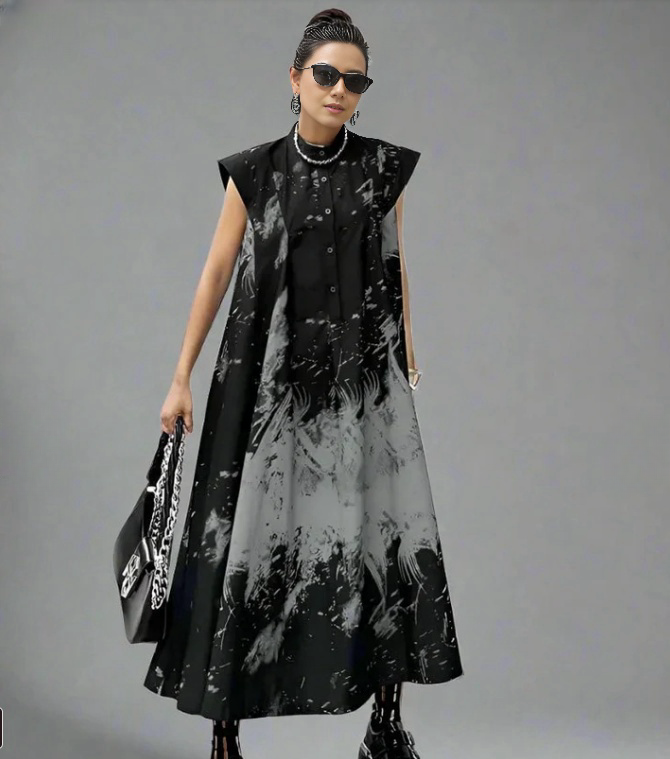 Sleeveless Loose-Fit Printed Dress with Abstract Patterns and Pleated Design