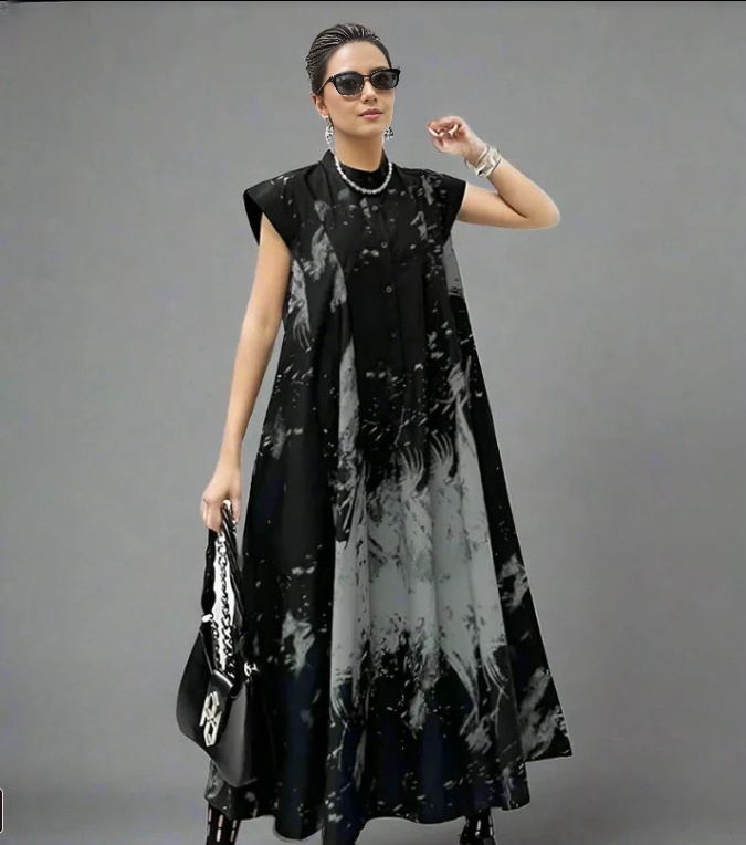 Sleeveless Loose-Fit Printed Dress with Abstract Patterns and Pleated Design