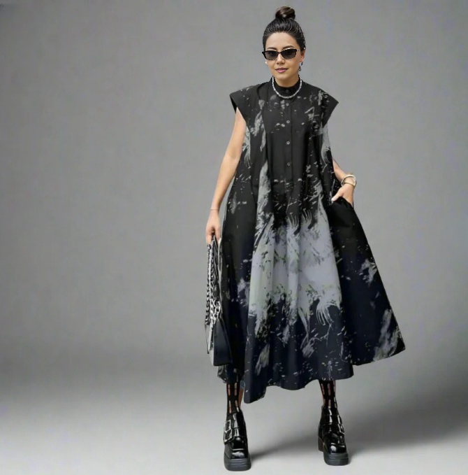 Pleated midi dress with abstract print, sleeveless black and light gray pattern