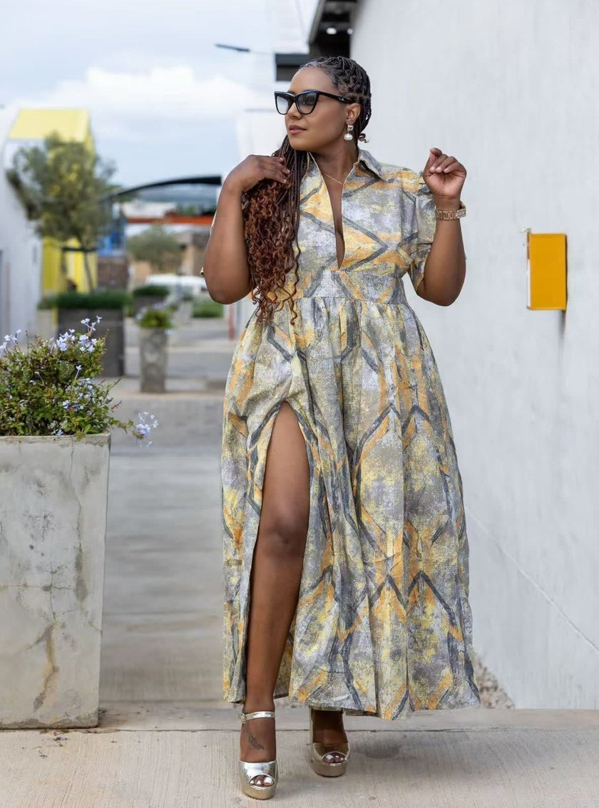 Elegant Women's Maxi Dress with Geometric Pattern and Puff Sleeves