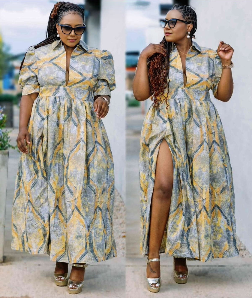 Elegant Women's Maxi Dress with Geometric Pattern and Puff Sleeves