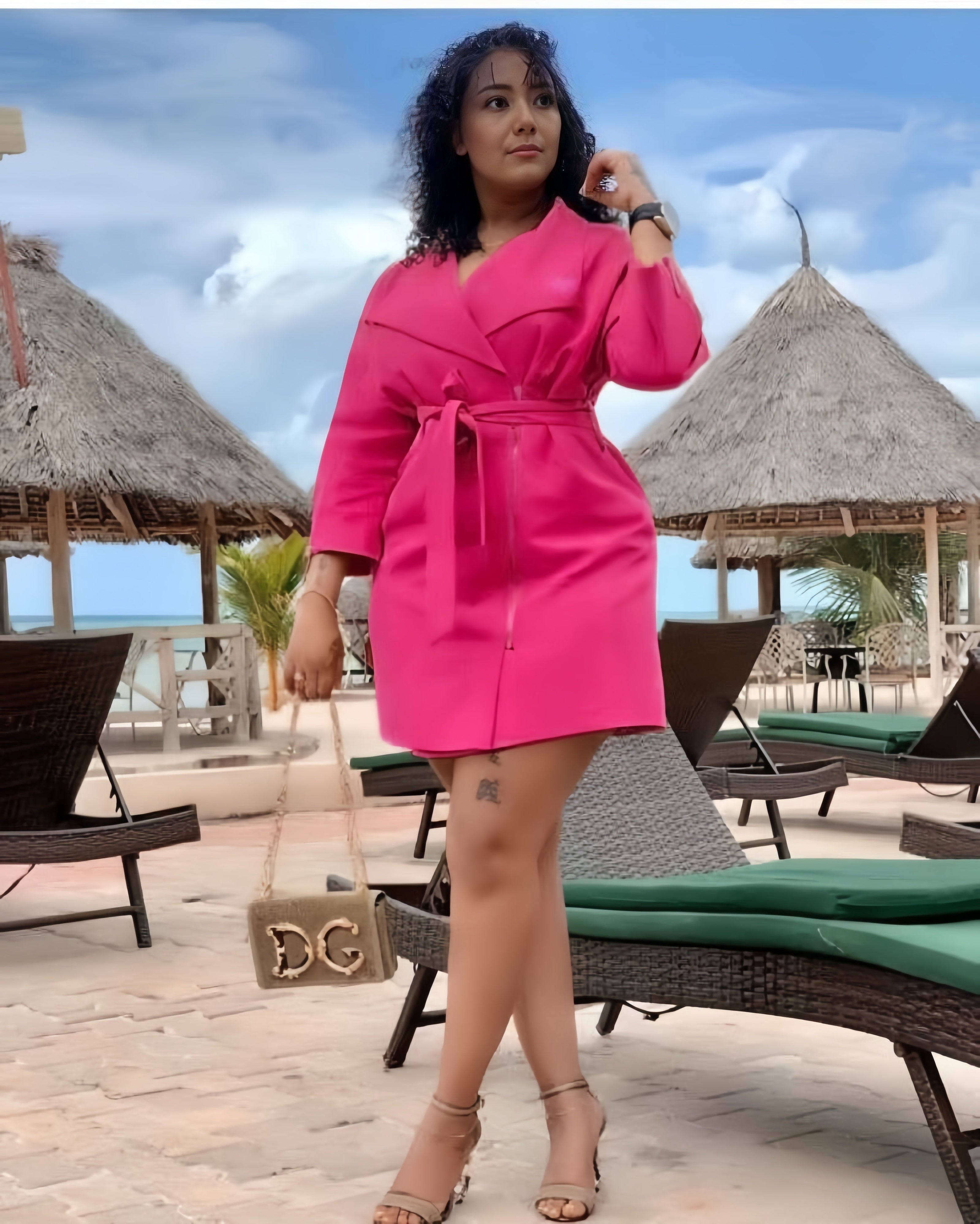 Women's Trench Coat with Belted Waist and Oversized Lapels, featuring a wrap-around design and three-quarter sleeves