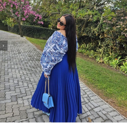 Printed top & pleated skirt set: blue/white pattern, cobalt pleated skirt, long sleeves