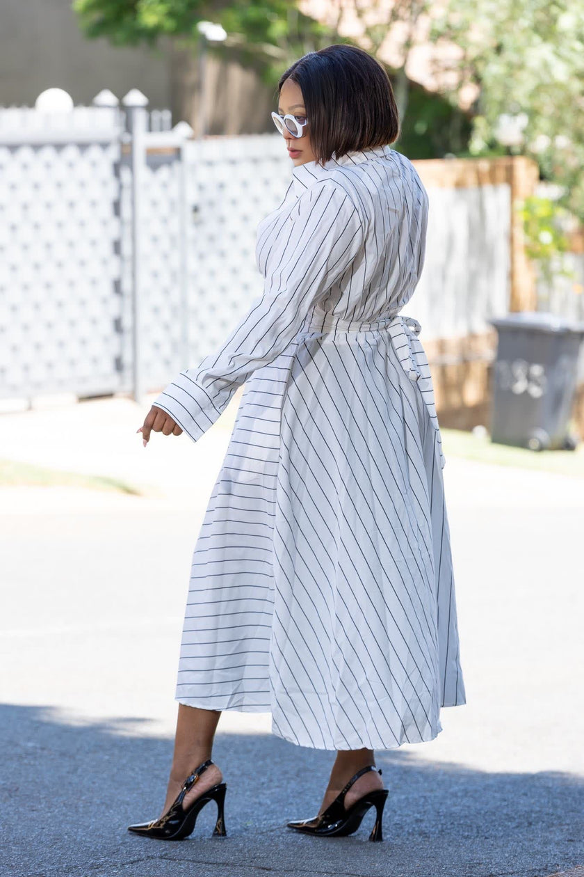 Striped Long Sleeve A-Line Dress, Turn-Down Collar, Front Opening, High Waistline