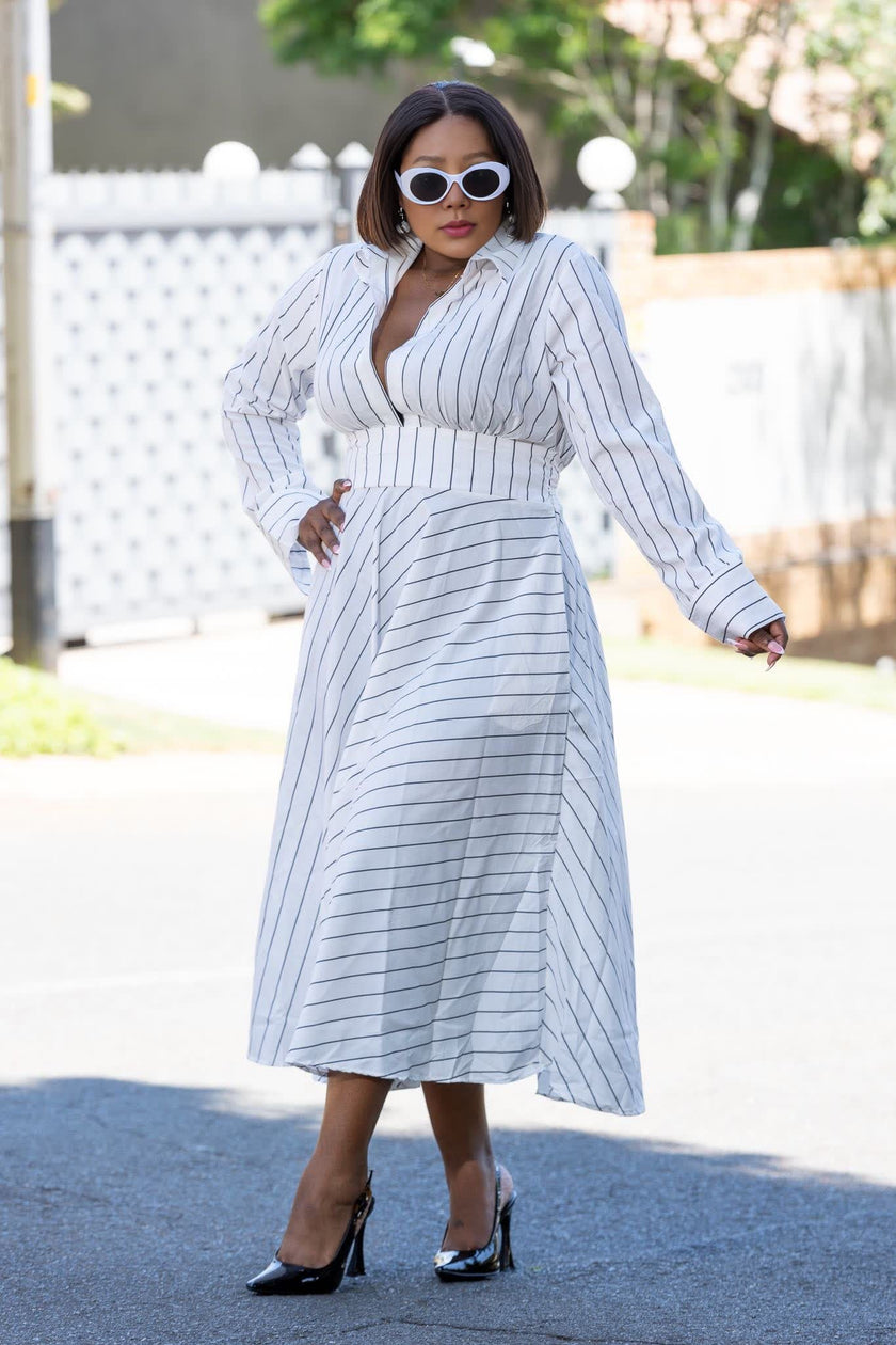 Striped Long Sleeve A-Line Dress, Turn-Down Collar, Front Opening, High Waistline