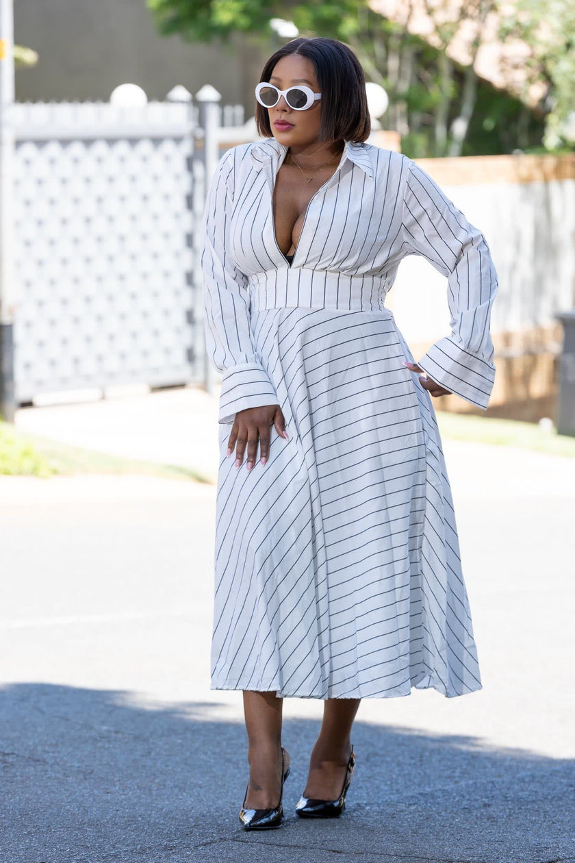 Striped Long Sleeve A-Line Dress, Turn-Down Collar, Front Opening, High Waistline