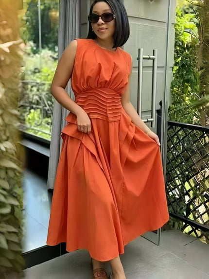 Orange corset-waist sleeveless maxi gown with tiered ruffled skirt