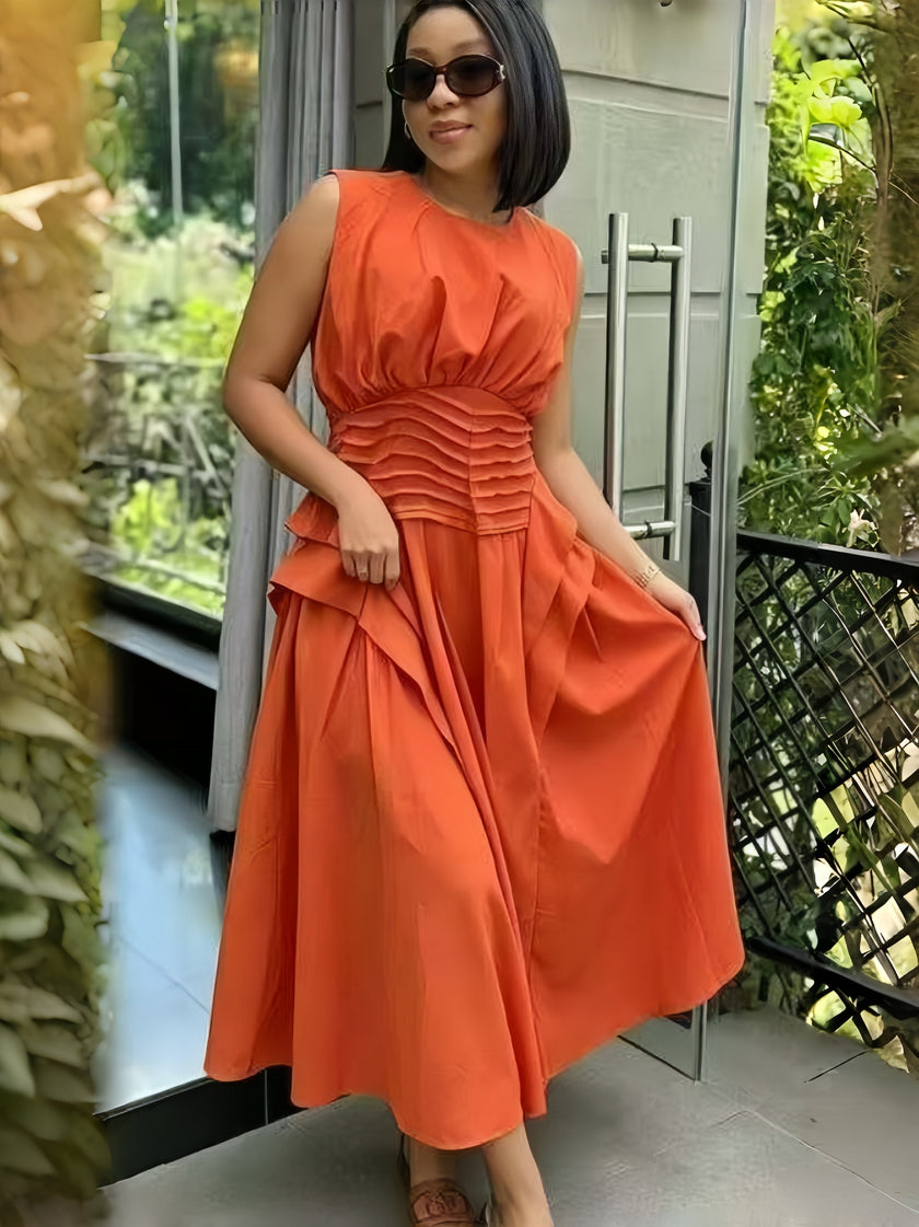 Orange corset-waist sleeveless maxi gown with tiered ruffled skirt