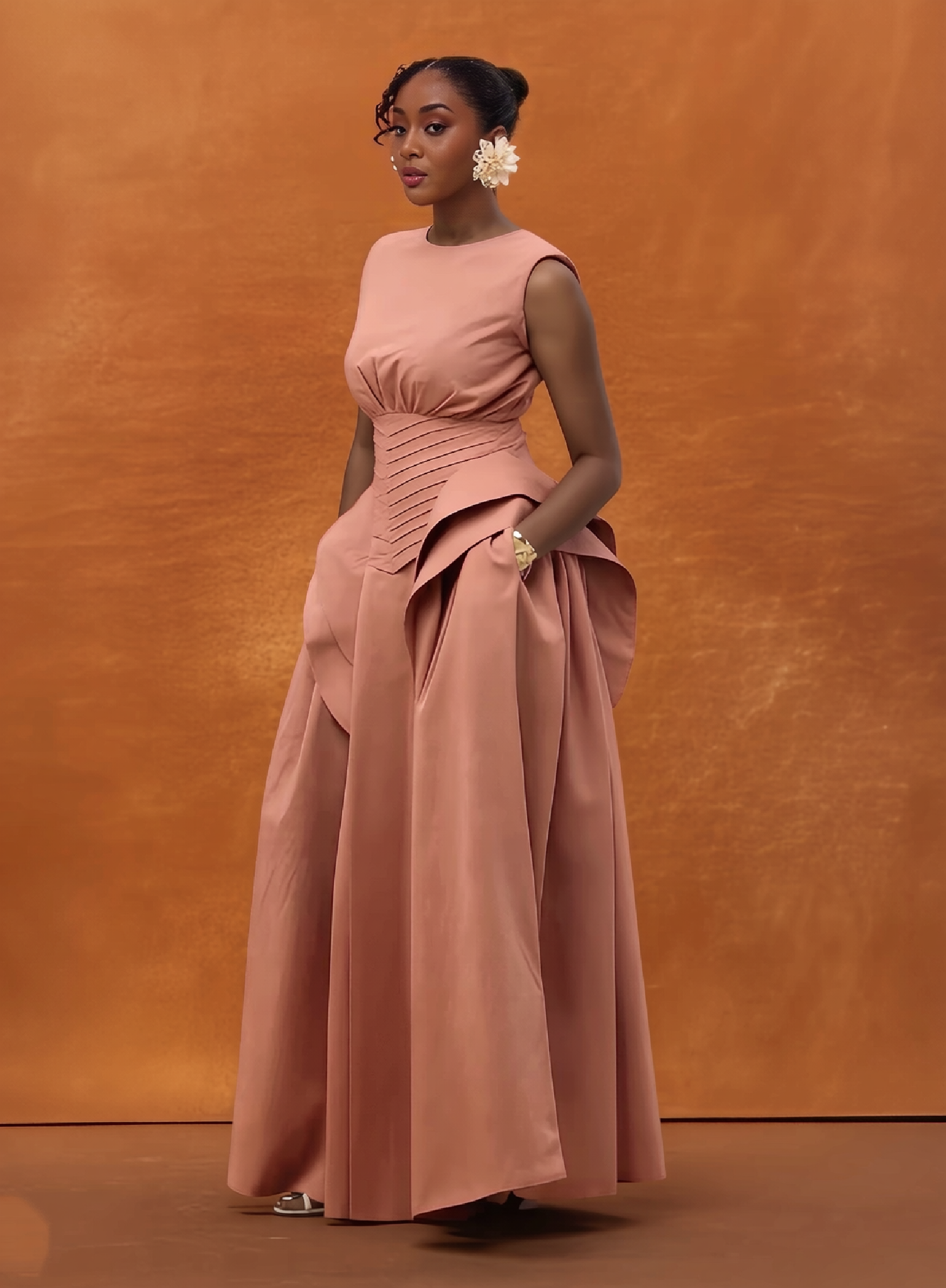 Blush corset-waist sleeveless maxi gown with layered peplum ruffles