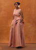 Blush corset-waist sleeveless maxi gown with layered peplum ruffles