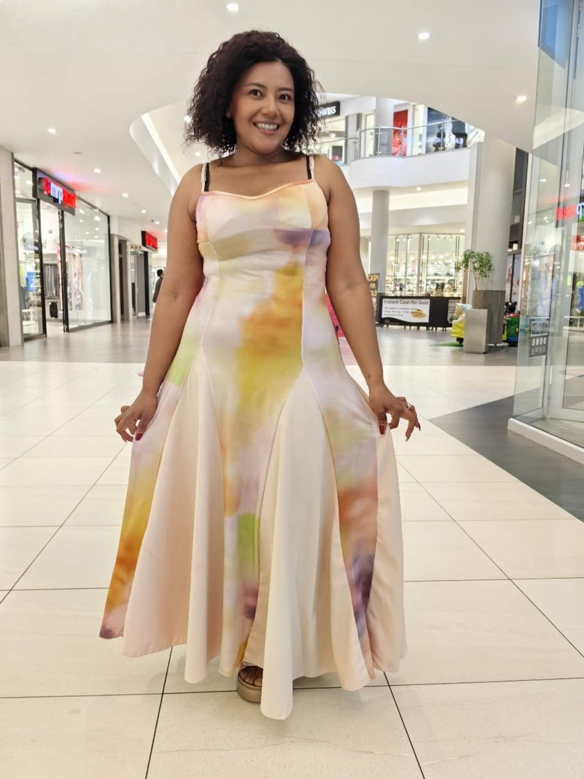 Multi-Color Gradient Thin Strap Fitted Long Dress with Flowing Wide Skirt