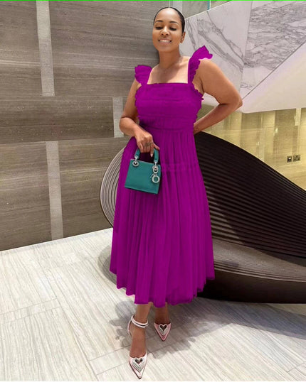 Purple sleeveless tiered ruffle midi dress with smocked bodice and layered tulle skirt