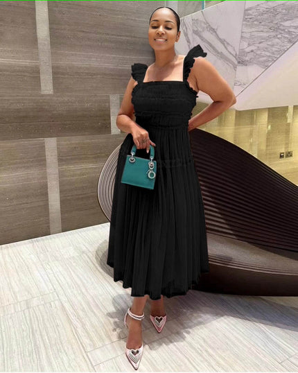 Black sleeveless tiered ruffle midi dress with smocked bodice and layered tulle skirt