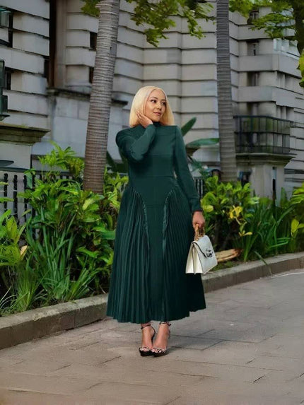 Forest-green pleated midi dress with long sleeves and cinched stretch waist