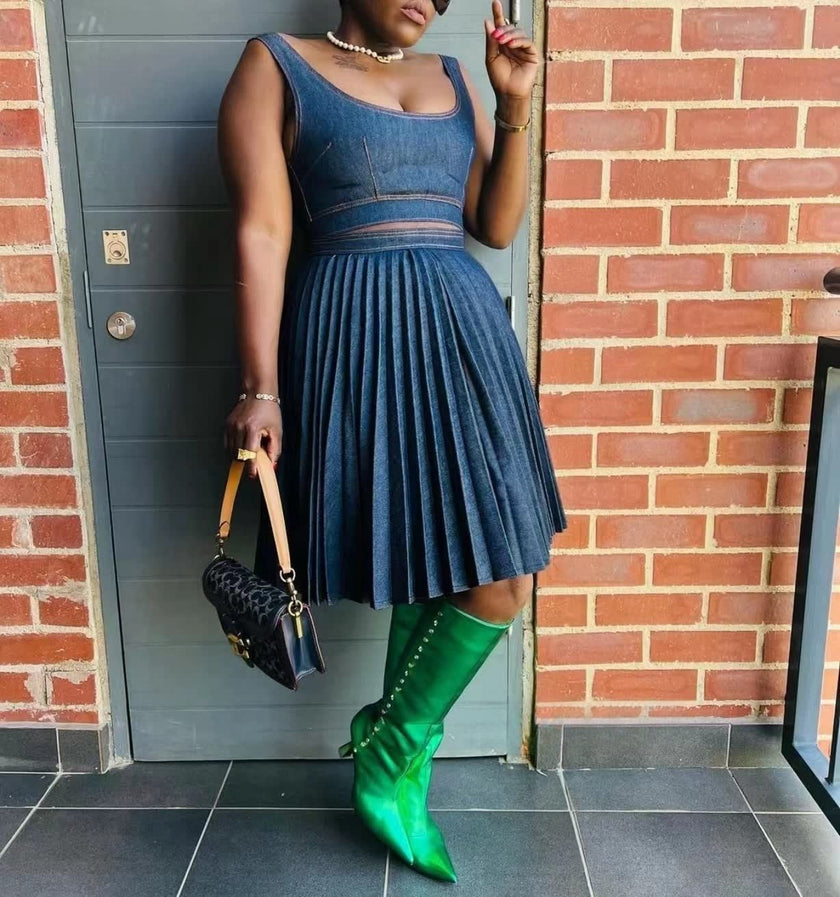 Denim Top with Pleats Detail