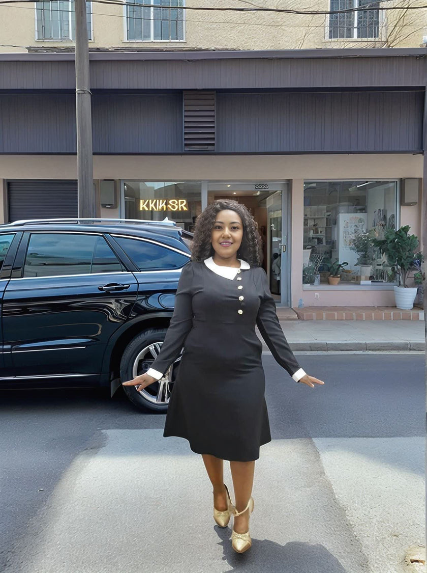 Vintage-Inspired Long-Sleeve Midi Dress with Gold Buttons and Contrast Collar