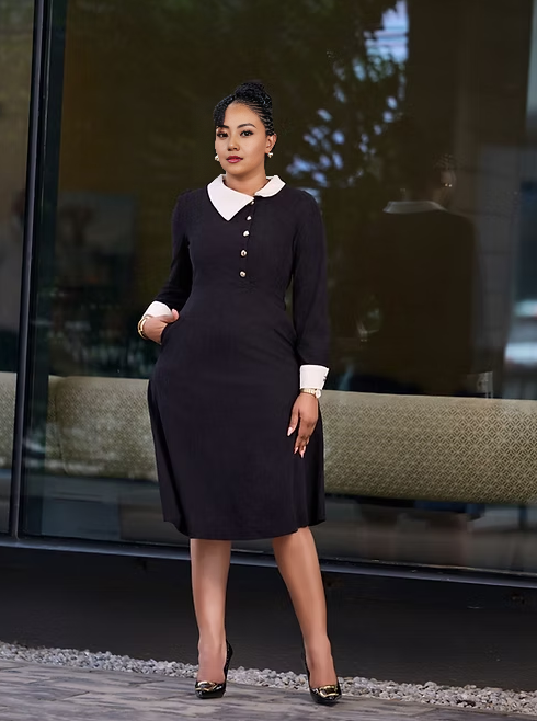 Vintage-Inspired Long-Sleeve Midi Dress with Gold Buttons and Contrast Collar