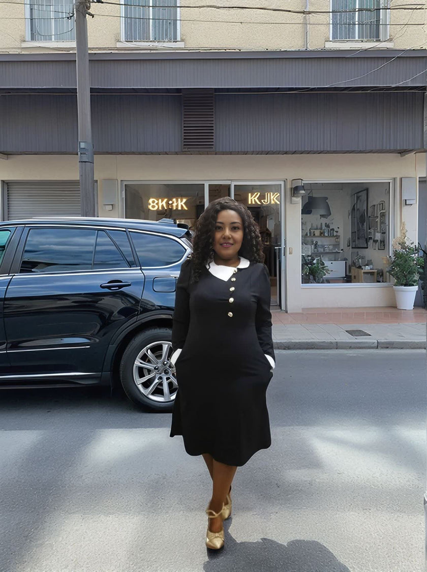 Vintage-Inspired Long-Sleeve Midi Dress with Gold Buttons and Contrast Collar