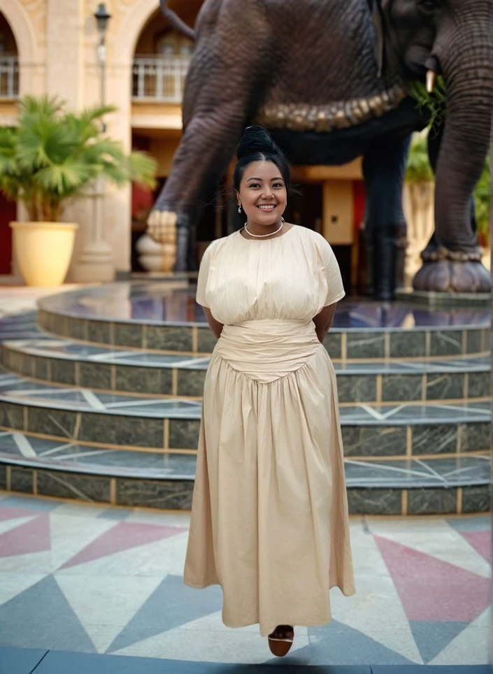 Beige pleated maxi dress with gathered stretch waist and short sleeves