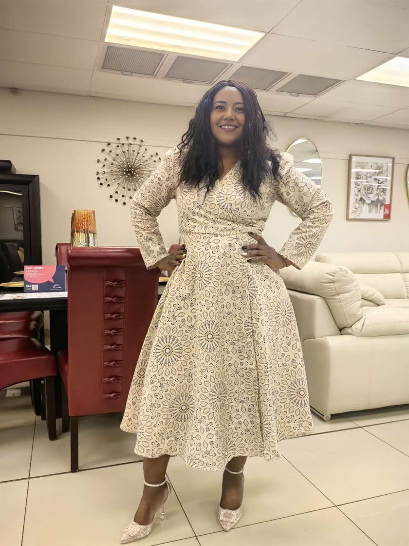 Long-Sleeve Geometric Pattern Flare Dress