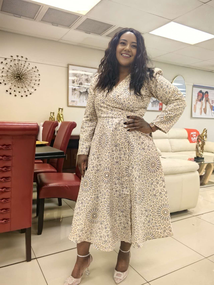 Long-Sleeve Geometric Pattern Flare Dress