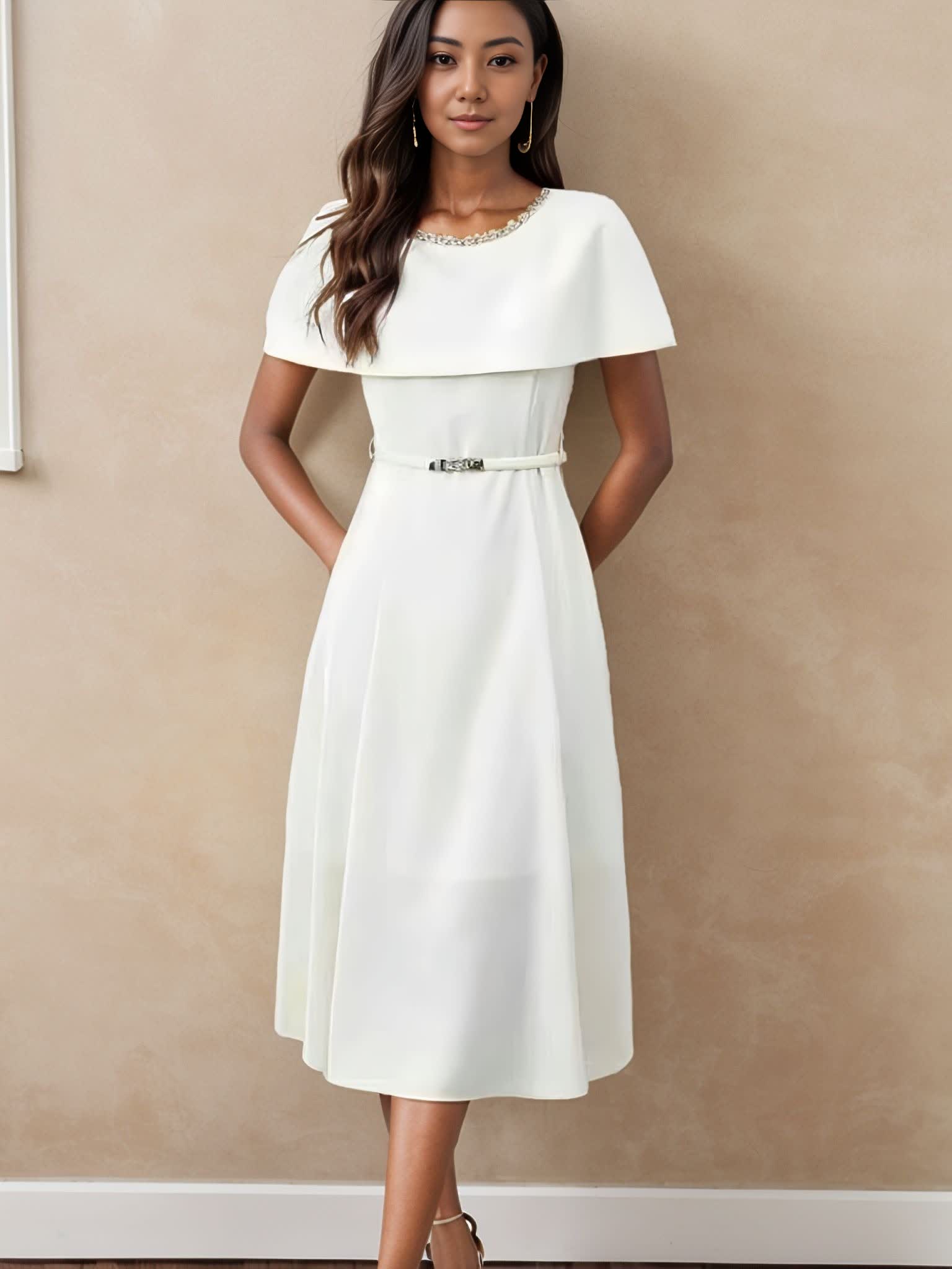 White midi dress with chain neckline, short sleeves, and waist belt detail