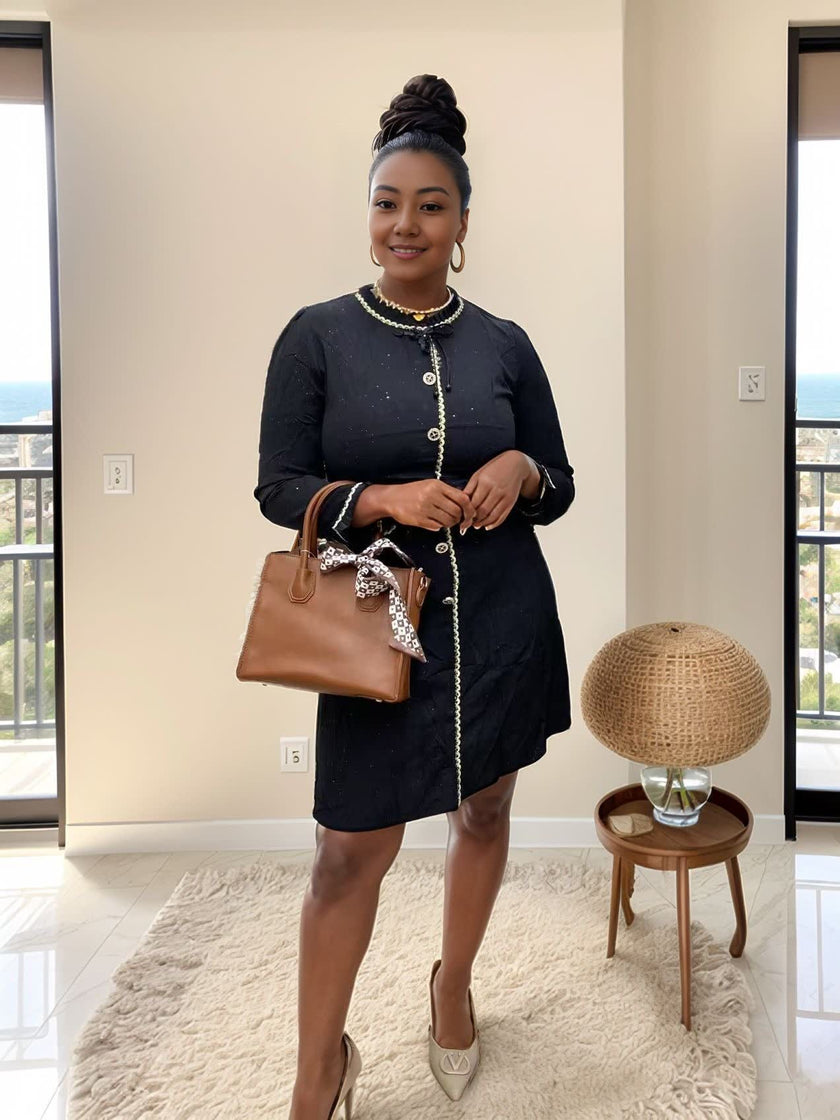 Elegant Pearl Button Decor Long Sleeve Dress with Flap Collar and Patch Pockets