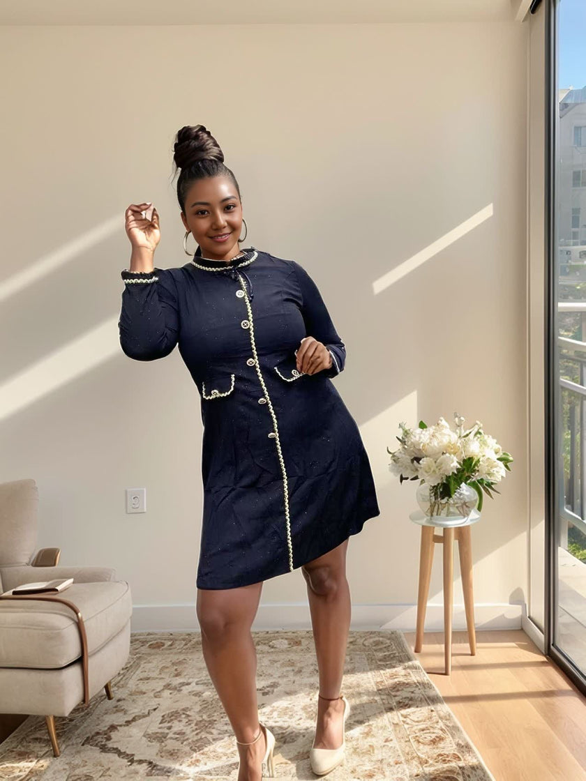 Elegant Pearl Button Decor Long Sleeve Dress with Flap Collar and Patch Pockets