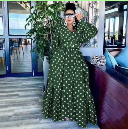 Plus size polka dot maxi dress with puff sleeves, V-neck, white dots on dark green