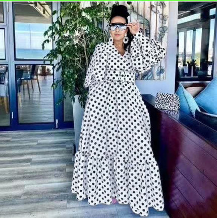 Plus size polka dot maxi dress with puff sleeves, V-neck, black dots on white