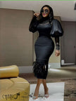 Midi Dress Puff Long Sleeve Feather Hem Formal Party