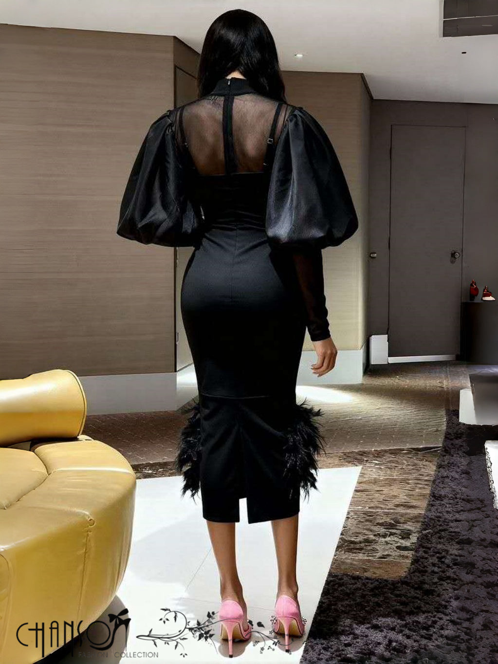 Midi Dress Puff Long Sleeve Feather Hem Formal Party