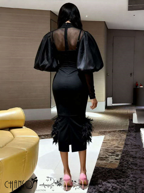 Midi Dress Puff Long Sleeve Feather Hem Formal Party