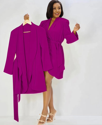 Magenta long-sleeve wrap mini dress with V-neck and waist bow tie on model