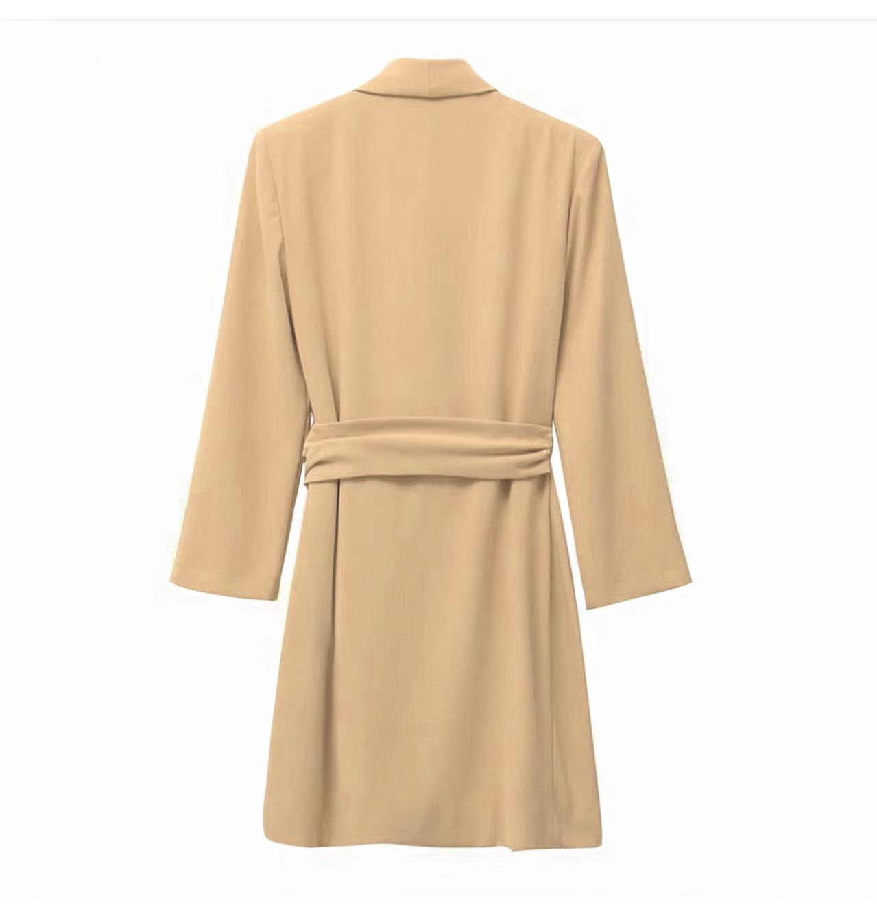 Tan long-sleeve wrap mini dress back view with tie waist