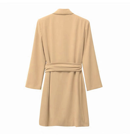 Tan long-sleeve wrap mini dress back view with tie waist