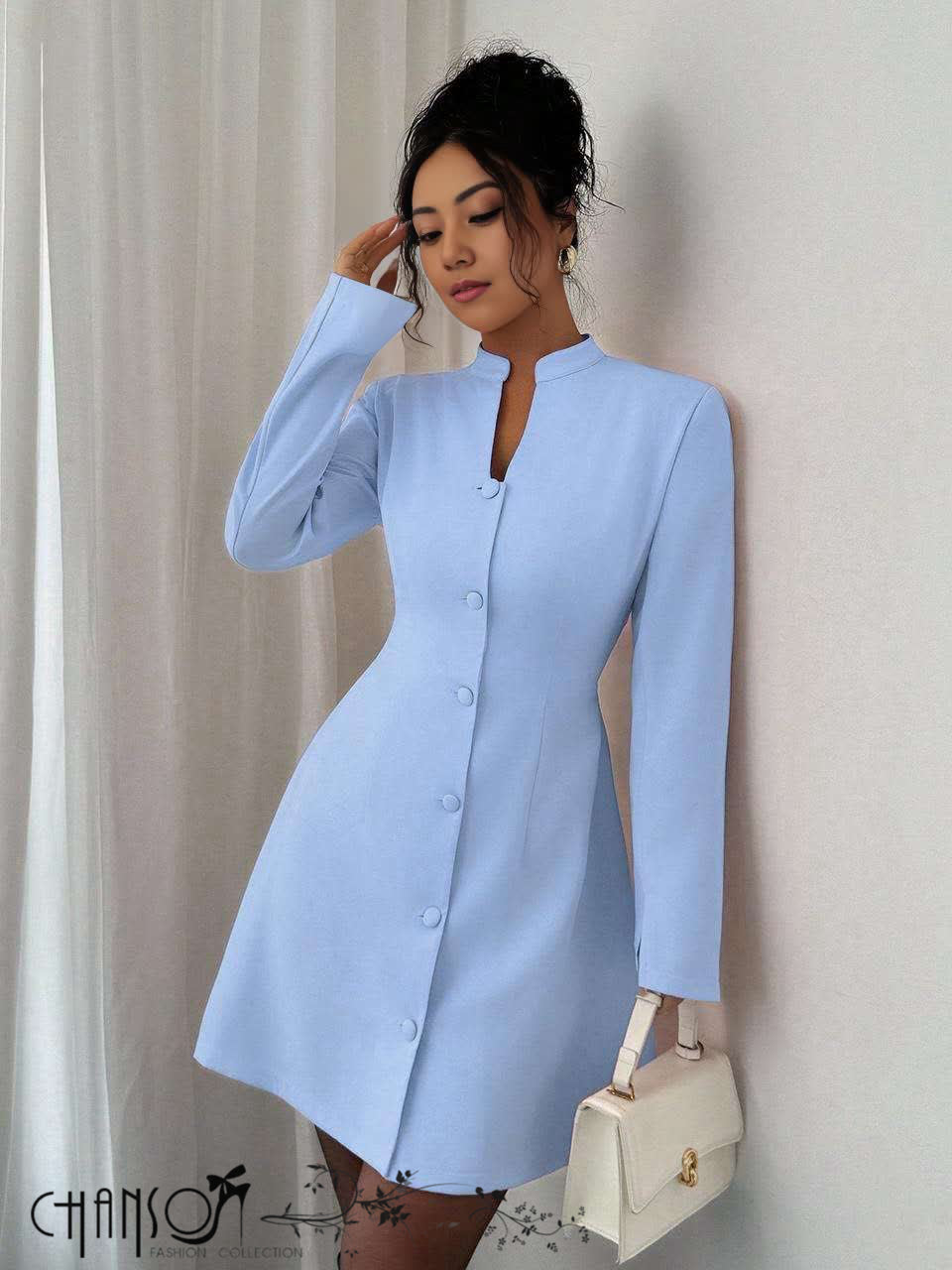 Sky blue stand-collar mini dress with button-front placket and long sleeves